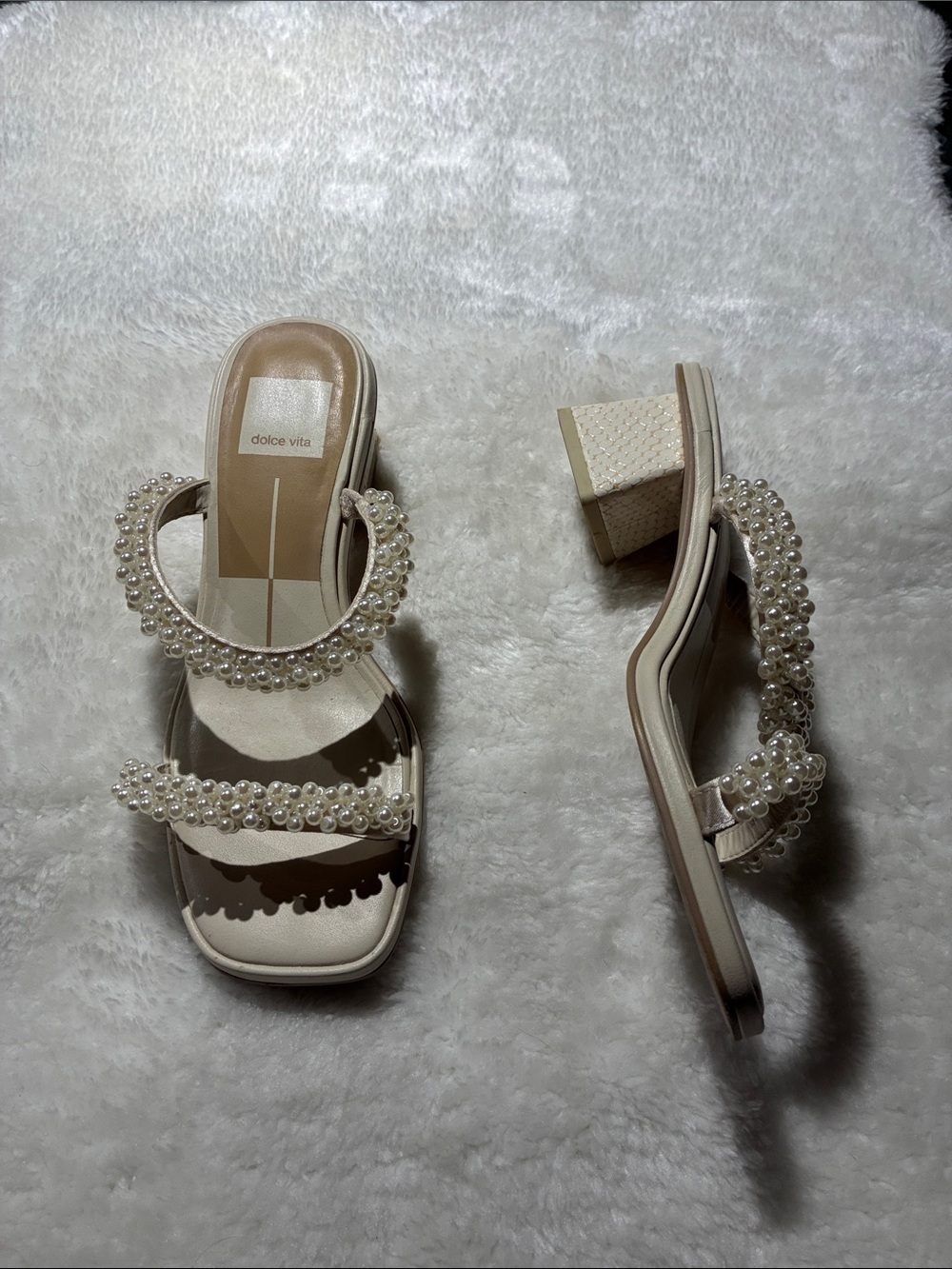 Dolce Vita Pearl-Trimmed Cream Block Heel Sandals